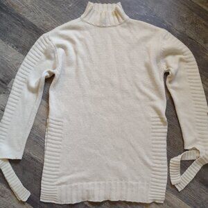 Womens Moon River Sz Lg Long Sweater Ivory/Cream Tie Cuffs Slit Sides